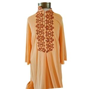 Warners 70s Vintage Orange nylon Embroidered Long Sleeve Nightgown Robe Kaftan M